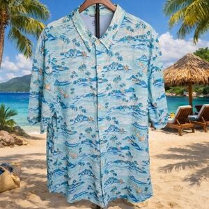 Izod Saltwater Shirt Men's 3XL Blue Hawaiian Beach Palm Trees Button Down Aloha